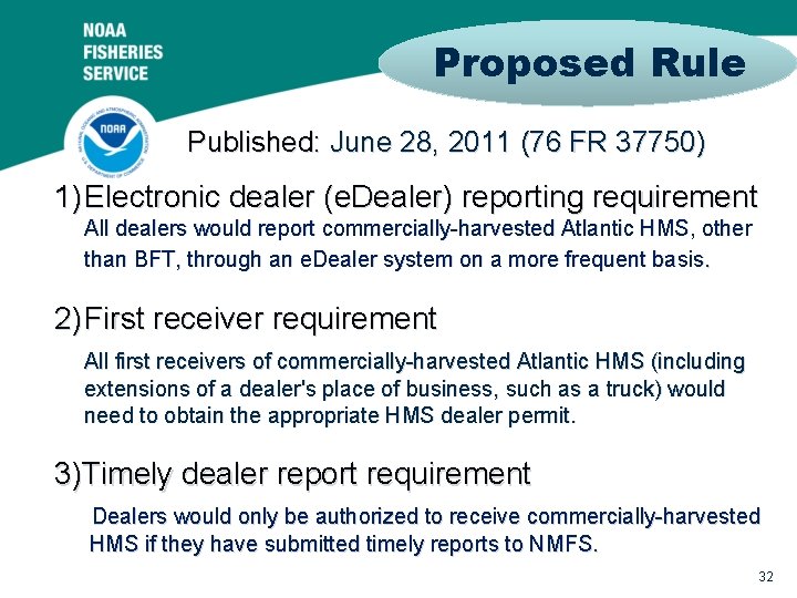 Proposed Rule Published: June 28, 2011 (76 FR 37750) 1) Electronic dealer (e. Dealer)