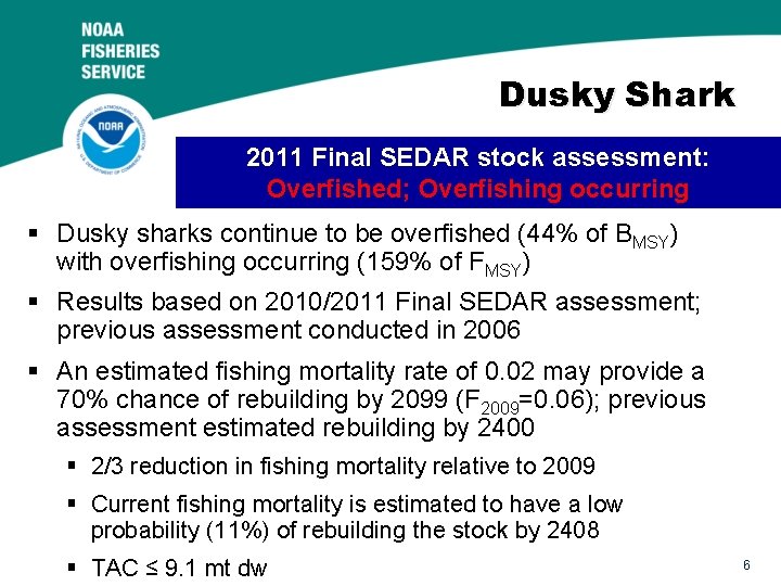 Dusky Shark 2011 Final SEDAR stock assessment: Overfished; Overfishing occurring § Dusky sharks continue