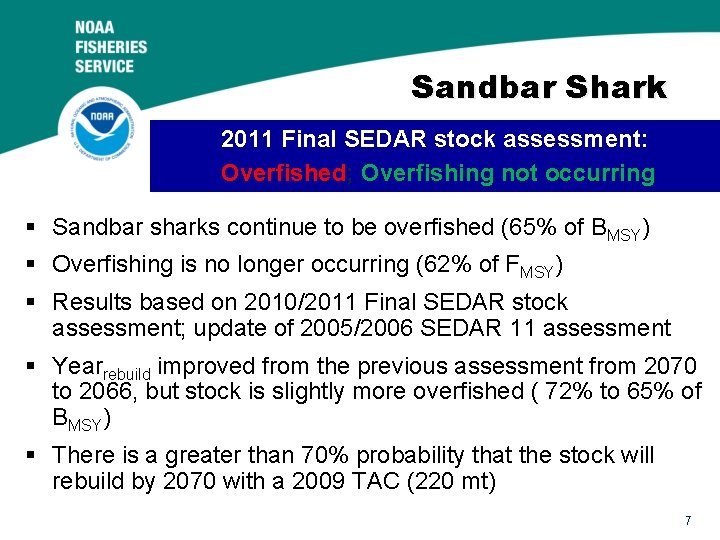 Sandbar Shark 2011 Final SEDAR stock assessment: Overfished; Overfishing not occurring § Sandbar sharks