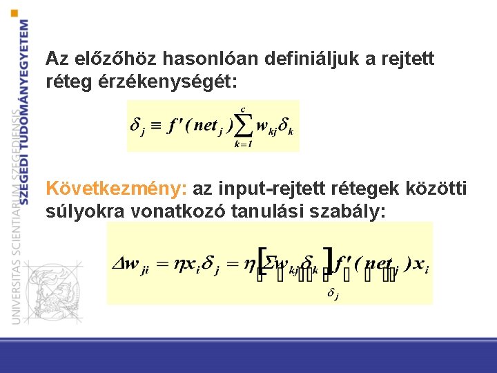 Az előzőhöz hasonlóan definiáljuk a rejtett réteg érzékenységét: Következmény: az input-rejtett rétegek közötti súlyokra