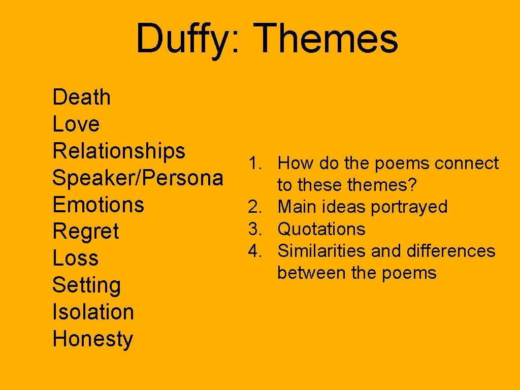 Duffy: Themes Death Love Relationships Speaker/Persona Emotions Regret Loss Setting Isolation Honesty 1. How