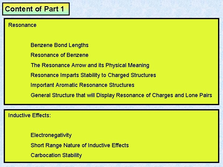 Content of Part 1 Resonance Benzene Bond Lengths Resonance of Benzene The Resonance Arrow Content of Part 1 Resonance Benzene Bond Lengths Resonance of Benzene The Resonance Arrow