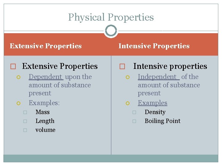 Physical Properties Extensive Properties Intensive Properties � Extensive Properties � Dependent upon the amount