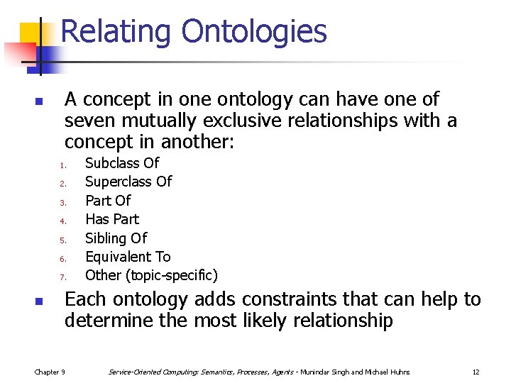 Relating Ontologies n A concept in one ontology can have one of seven mutually