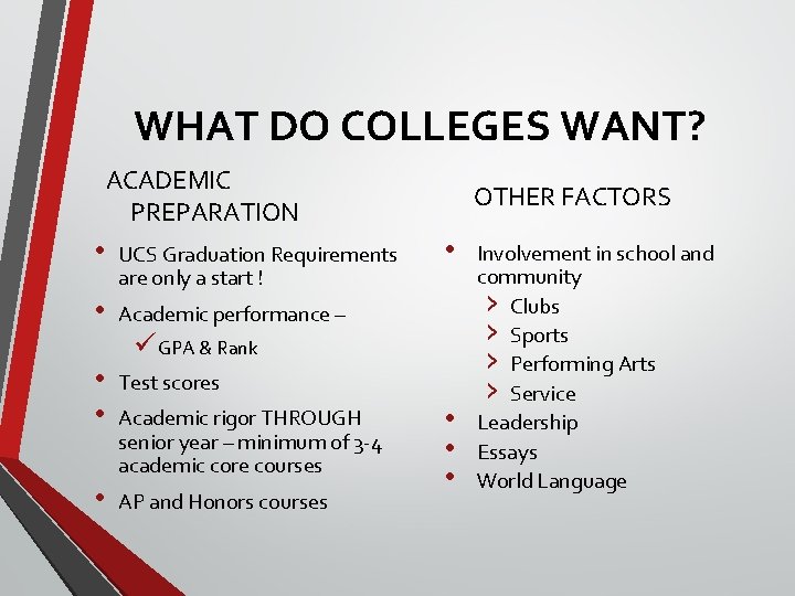 WHAT DO COLLEGES WANT? ACADEMIC PREPARATION • UCS Graduation Requirements are only a start WHAT DO COLLEGES WANT? ACADEMIC PREPARATION • UCS Graduation Requirements are only a start