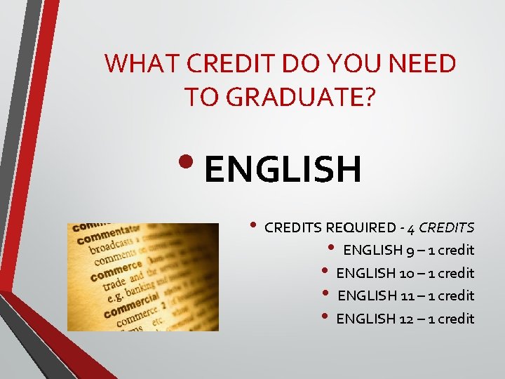 WHAT CREDIT DO YOU NEED TO GRADUATE? • ENGLISH • CREDITS REQUIRED - 4 WHAT CREDIT DO YOU NEED TO GRADUATE? • ENGLISH • CREDITS REQUIRED - 4