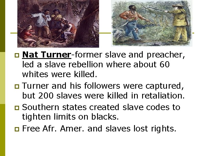 Nat Turner-former slave and preacher, led a slave rebellion where about 60 whites were