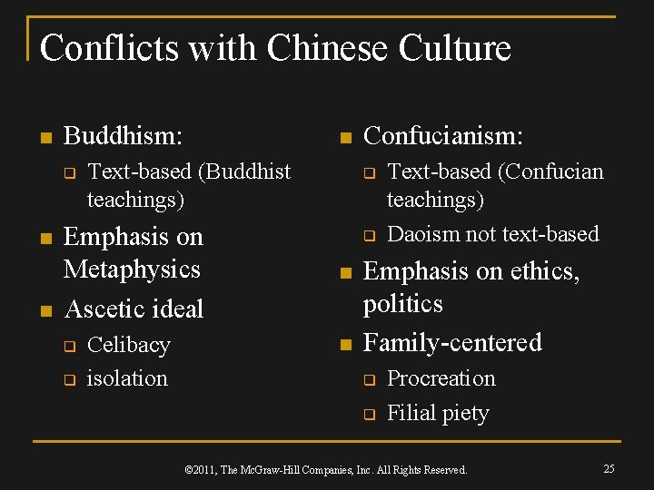 Conflicts with Chinese Culture n Buddhism: q n n n Text-based (Buddhist teachings) Emphasis