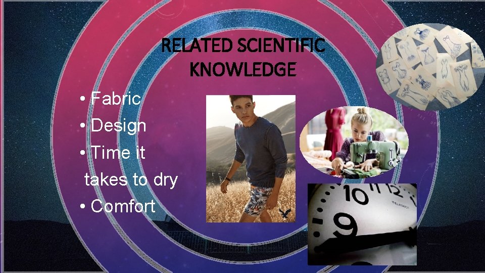 RELATED SCIENTIFIC KNOWLEDGE • Fabric • Design • Time it takes to dry •