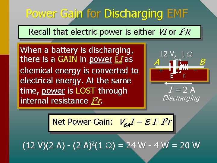 Power Gain for Discharging EMF Recall that electric power is either VI or I