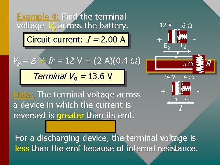 Example 4: Find the terminal voltage VB across the battery. Circuit current: I =