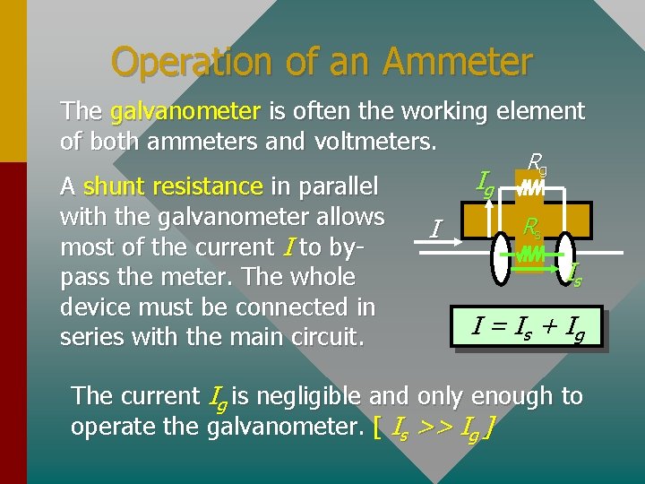 Operation of an Ammeter The galvanometer is often the working element of both ammeters