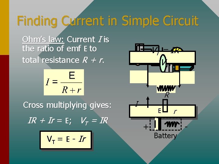 Finding Current in Simple Circuit Ohm’s law: Current I is the ratio of emf