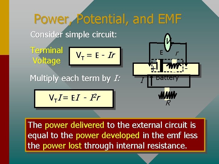 Power, Potential, and EMF Consider simple circuit: Terminal Voltage VT Multiply each term by