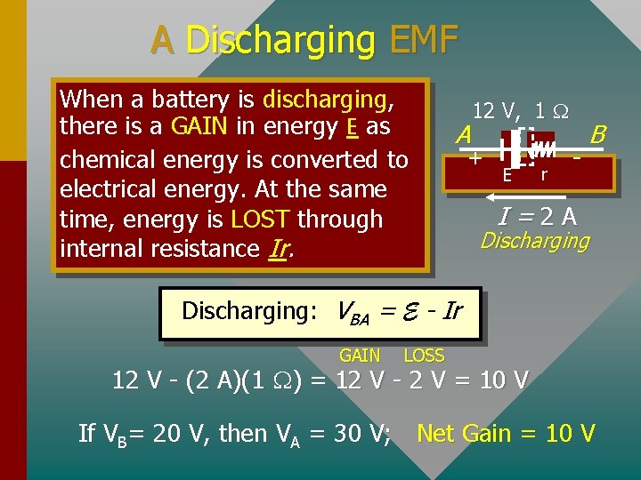 A Discharging EMF When a battery is discharging, there is a GAIN in energy