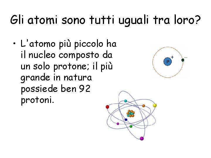 Gli atomi sono tutti uguali tra loro? • L'atomo più piccolo ha il nucleo