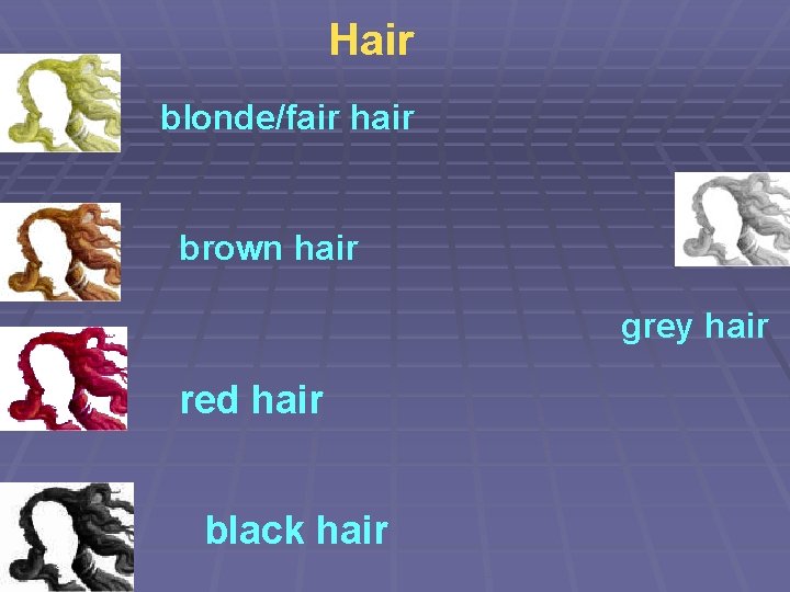 Hair blonde/fair hair brown hair grey hair red hair black hair 