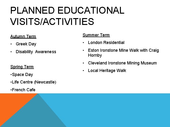 PLANNED EDUCATIONAL VISITS/ACTIVITIES Autumn Term Summer Term • Greek Day • London Residential •