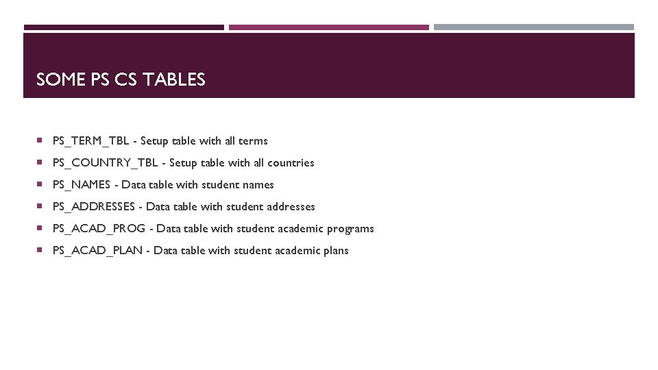 SOME PS CS TABLES PS_TERM_TBL - Setup table with all terms PS_COUNTRY_TBL - Setup