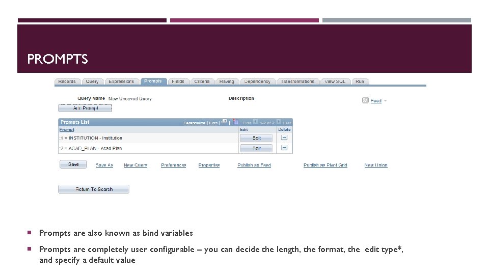 PROMPTS Prompts are also known as bind variables Prompts are completely user configurable –