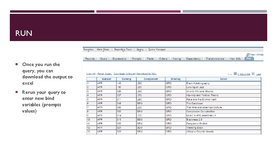 RUN Once you run the query, you can download the output to excel Rerun