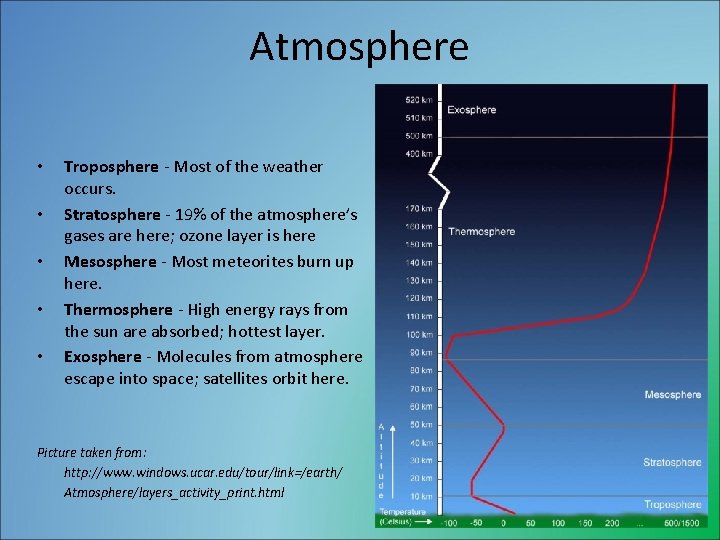 Atmosphere • • • Troposphere - Most of the weather occurs. Stratosphere - 19%