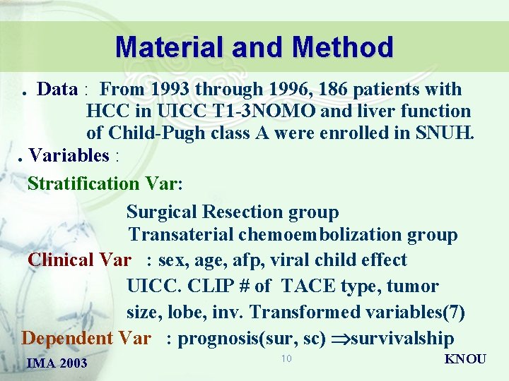 Material and Method. Data : From 1993 through 1996, 186 patients with HCC in