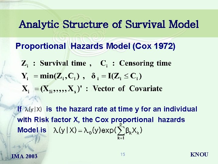 Analytic Structure of Survival Model Proportional Hazards Model (Cox 1972) If is the hazard