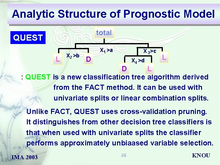 Analytic Structure of Prognostic Model total QUEST L X 2 >b X 1 >a