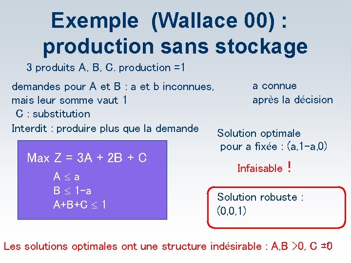 Exemple (Wallace 00) : production sans stockage 3 produits A, B, C. production =1