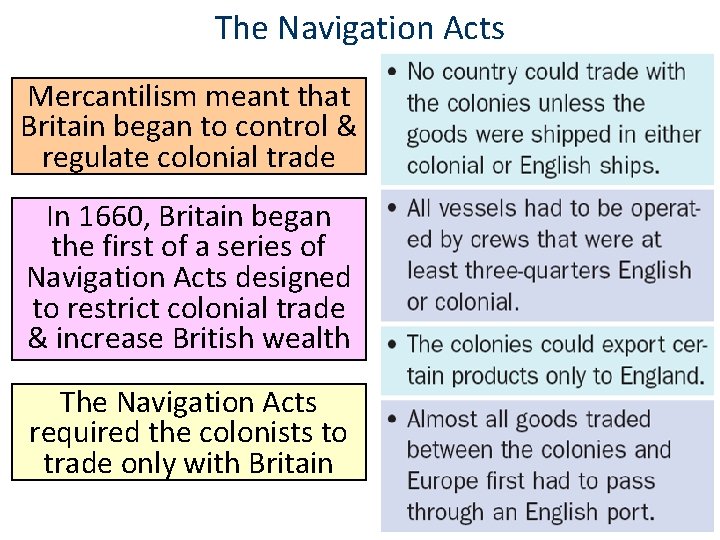 The Navigation Acts Mercantilism meant that Britain began to control & regulate colonial trade