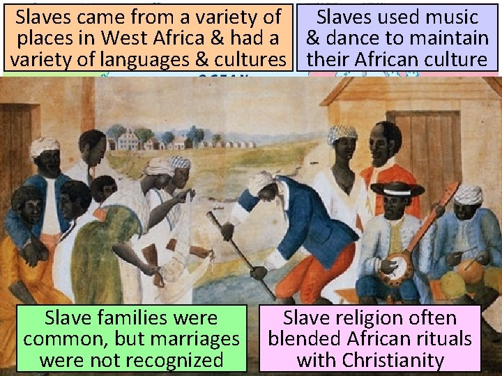 Slaves came from a variety of Slaves used music places in West Africa &