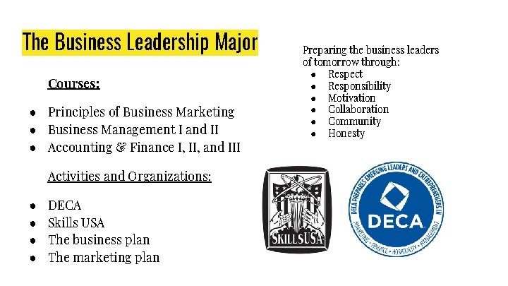 The Business Leadership Major Courses: ● Principles of Business Marketing ● Business Management I