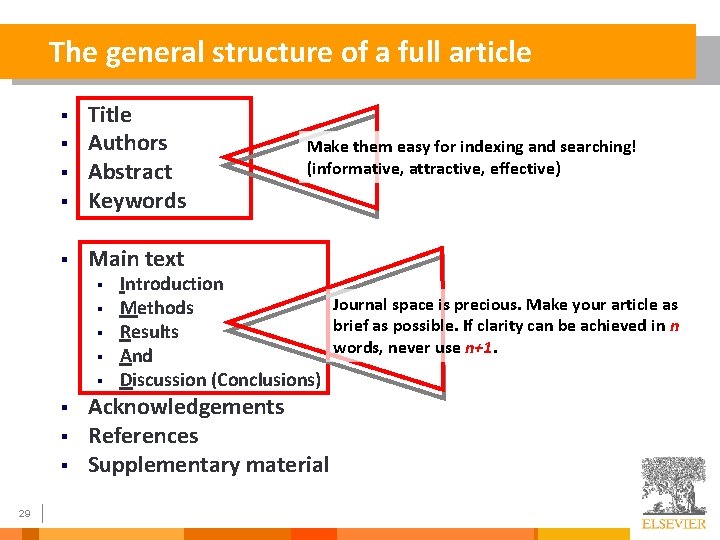 The general structure of a full article § Title Authors Abstract Keywords § Main