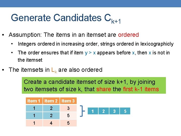 Generate Candidates Ck+1 • Assumption: The items in an itemset are ordered • Integers