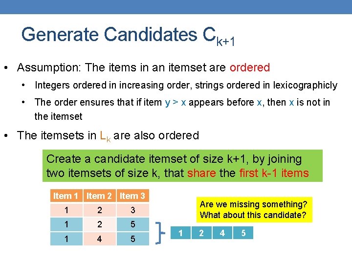 Generate Candidates Ck+1 • Assumption: The items in an itemset are ordered • Integers