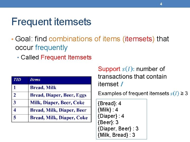 4 Frequent itemsets • Goal: find combinations of items (itemsets) that occur frequently •