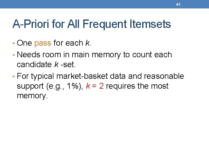 41 A-Priori for All Frequent Itemsets • One pass for each k. • Needs