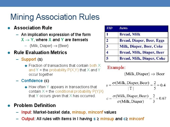 Mining Association Rules l Association Rule – An implication expression of the form X