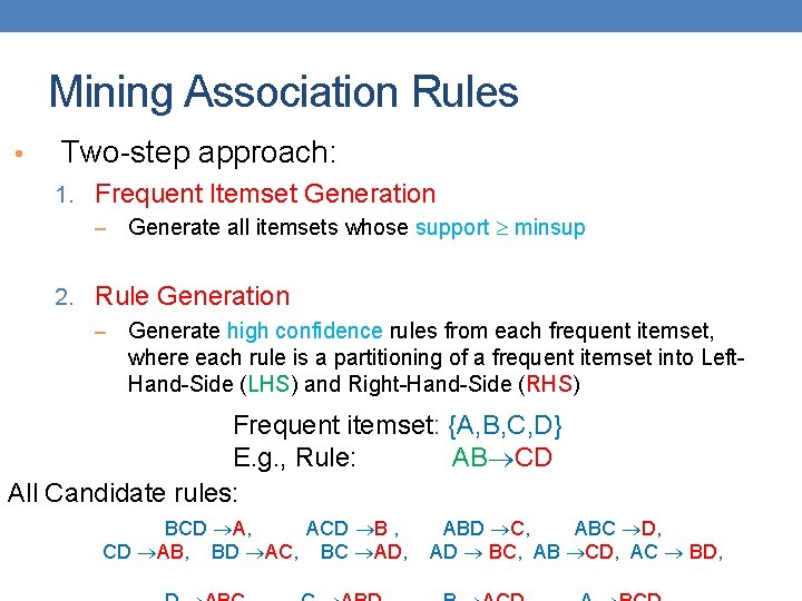 Mining Association Rules • Two-step approach: 1. Frequent Itemset Generation – Generate all itemsets