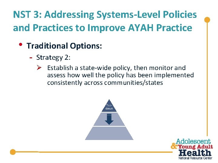 NST 3: Addressing Systems-Level Policies and Practices to Improve AYAH Practice • Traditional Options: