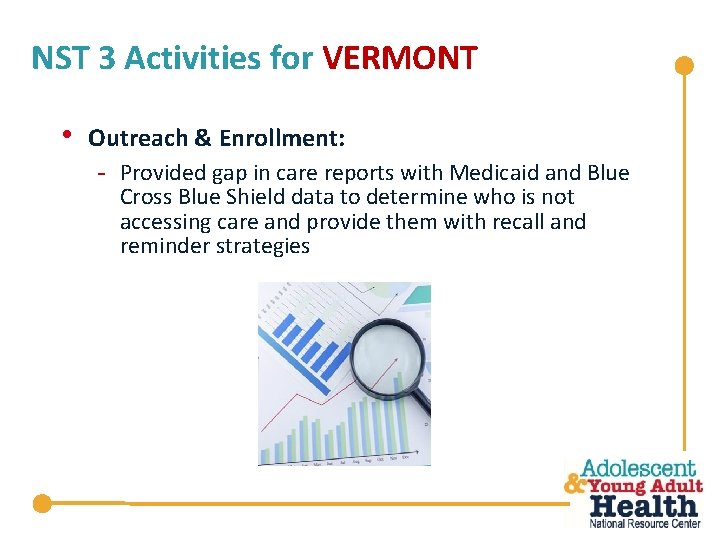 NST 3 Activities for VERMONT • Outreach & Enrollment: - Provided gap in care