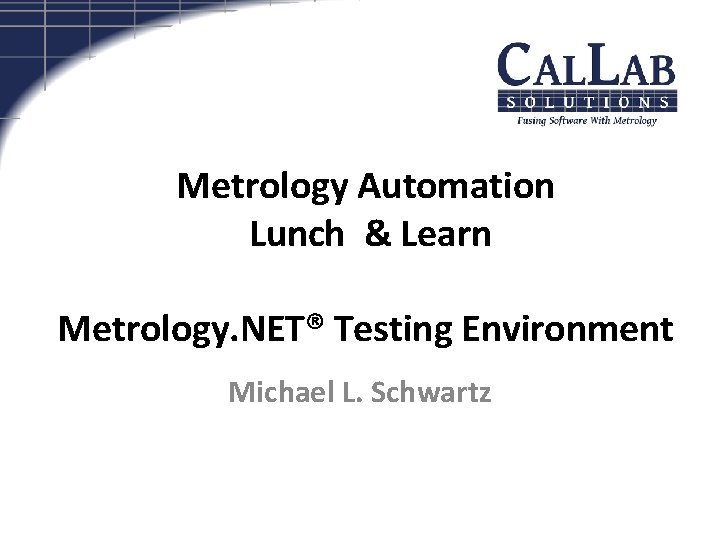 Metrology Automation Lunch & Learn Metrology. NET® Testing Environment Michael L. Schwartz 