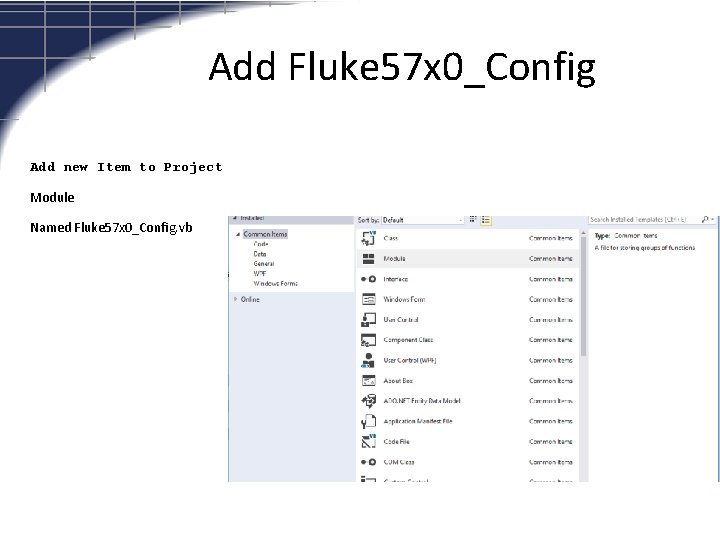 Add Fluke 57 x 0_Config Add new Item to Project Module Named Fluke 57