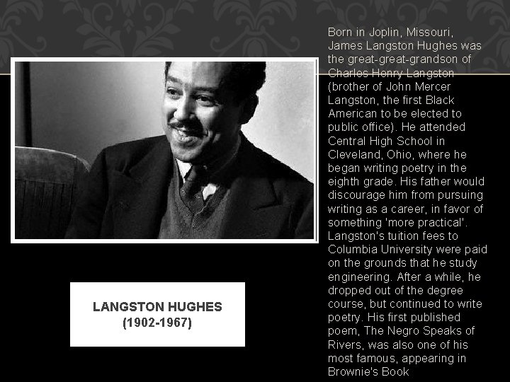 LANGSTON HUGHES (1902 -1967) Born in Joplin, Missouri, James Langston Hughes was the great-grandson