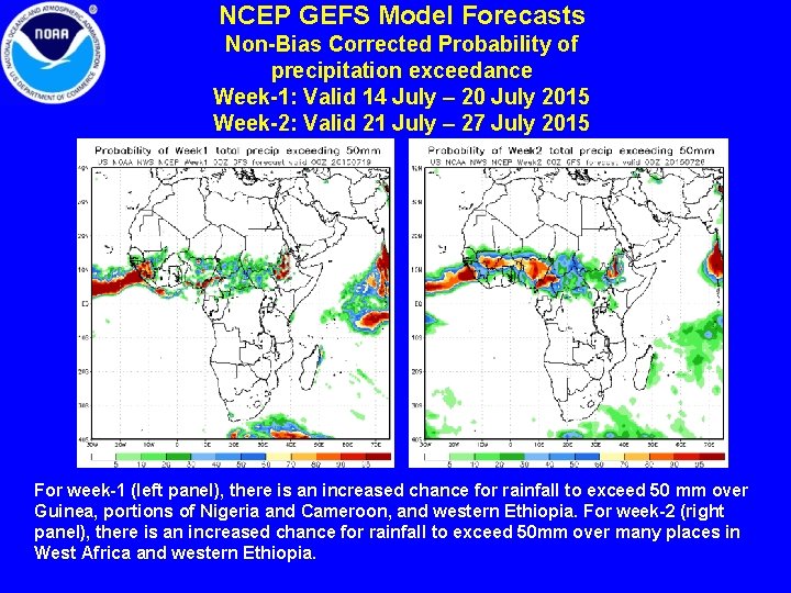 NCEP GEFS Model Forecasts Non-Bias Corrected Probability of precipitation exceedance Week-1: Valid 14 July
