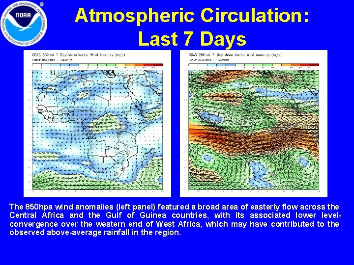 Atmospheric Circulation: Last 7 Days The 850 hpa wind anomalies (left panel) featured a