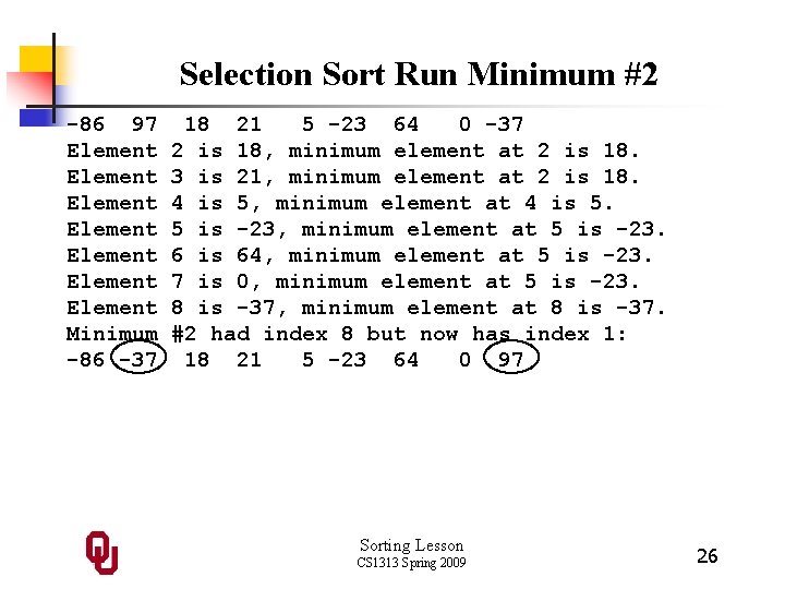 Selection Sort Run Minimum #2 -86 97 Element Element Minimum -86 -37 18 21