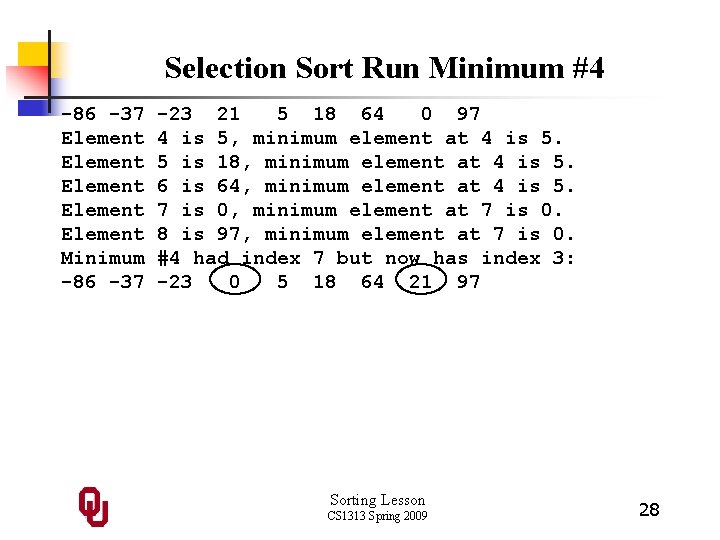 Selection Sort Run Minimum #4 -86 -37 Element Element Minimum -86 -37 -23 21