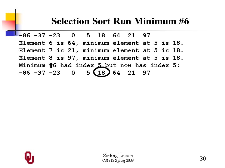 Selection Sort Run Minimum #6 -86 -37 Element Minimum -86 -37 -23 0 5